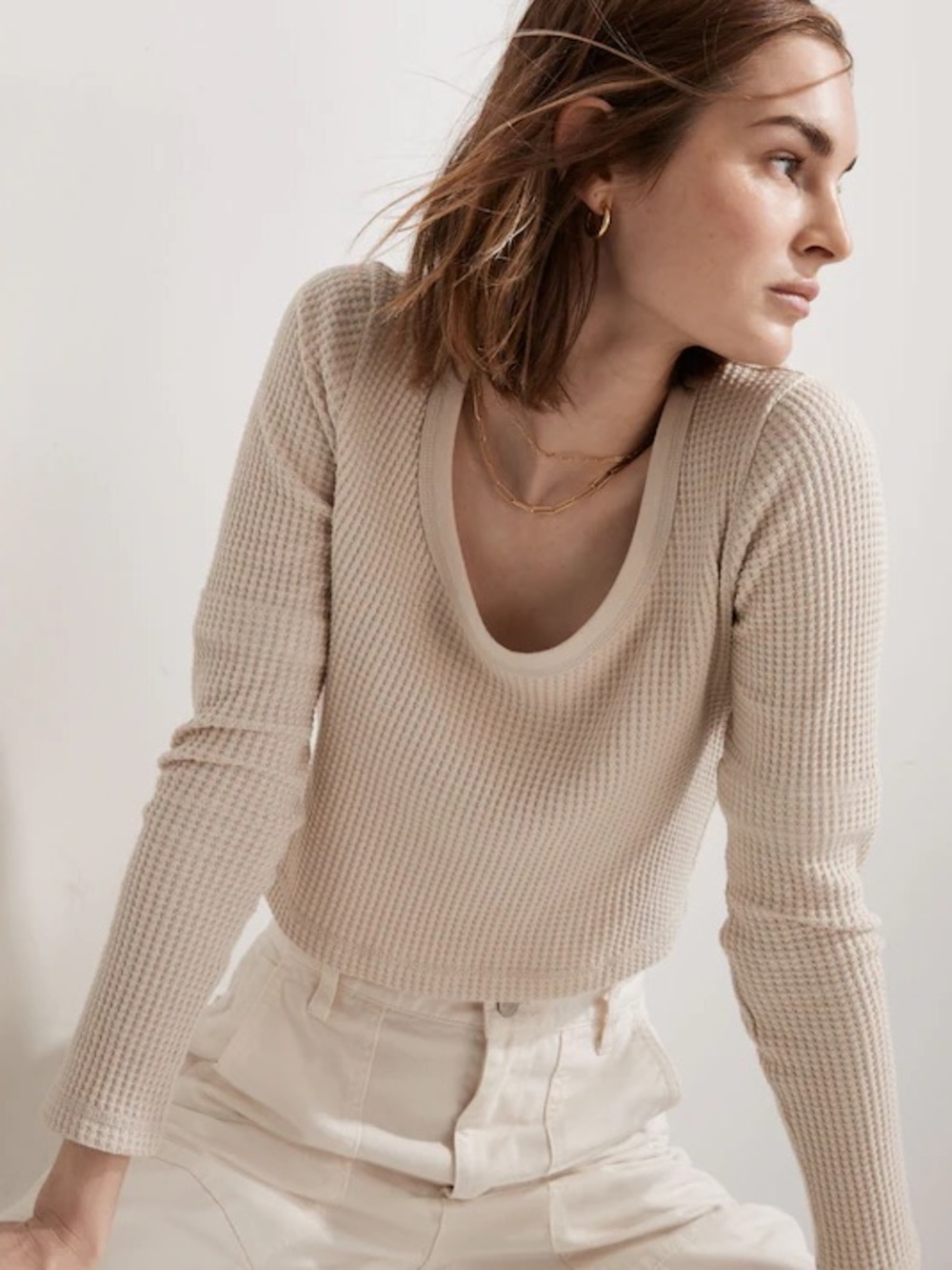 Madewell MWL Waffle Long-Sleeve Crop Tee Top Harvest Moon Cream XS